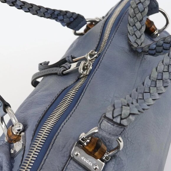 GUCCI Bamboo Tote Bag Leather Blue Auth - Picture 8 of 16
